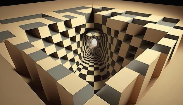 A 3d image of a tunnel with a square pattern and a black square pattern.