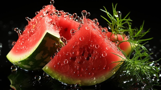 a 3d image of watermelon splashing on water with plain background