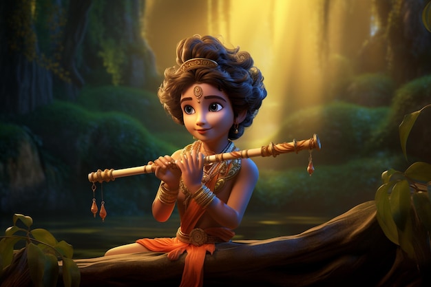 Foto immagine 3d del giovane krishna che suona il bansuri