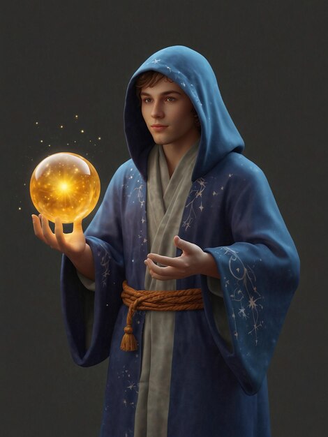 3D image of a young mage with a glowing orb in a mystical glow