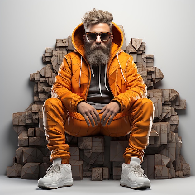 3D Images of Hipster in Pixel Art Style on White Background