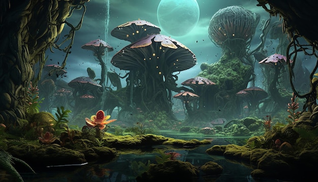 an 3D imaginary landscape where mythical creatures coexist with real endangered species