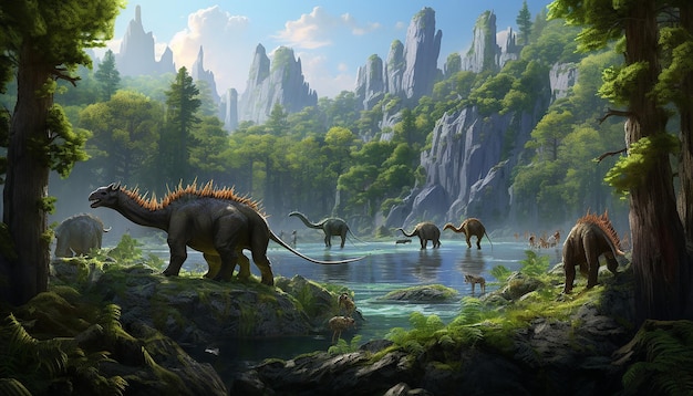 an 3D imaginary landscape where mythical creatures coexist with real endangered species