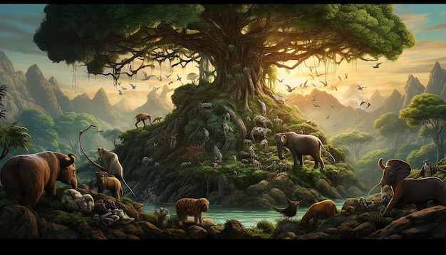 an 3D imaginary landscape where mythical creatures coexist with real endangered species