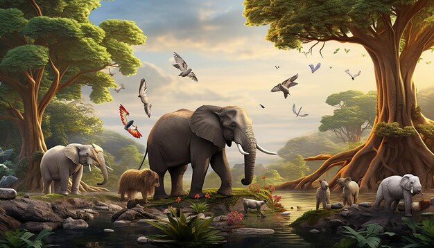 an 3D imaginary landscape where mythical creatures coexist with real endangered species