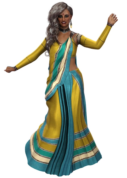 3D Indiaas meisje in gele sari