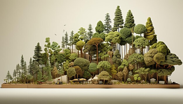 a 3D infographicstyle poster showing a bar graph made of trees of varying heights