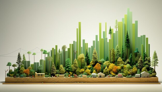 a 3D infographicstyle poster showing a bar graph made of trees of varying heights