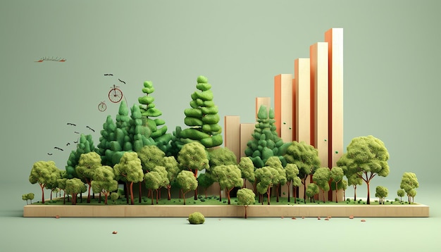 a 3D infographicstyle poster showing a bar graph made of trees of varying heights