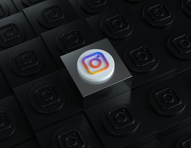 3D логотип instagram на серебряной подставке с темными логотипами на заднем плане