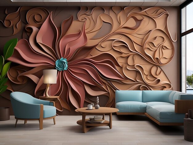 3D interieur kunst aan de muur met chocolade kleur naadloos bloemmotief en bloemen