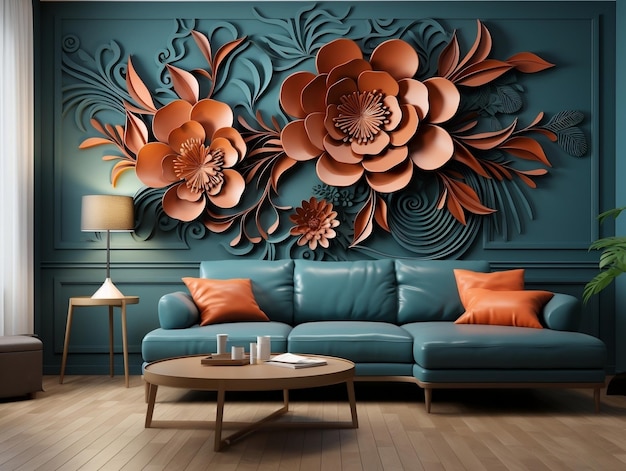 3D interieur kunst aan de muur met chocolade kleur naadloos bloemmotief en bloemen