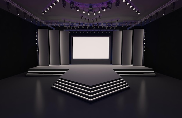 3D-interieur podium evenement geleid tv licht nacht inscenering render illustratie