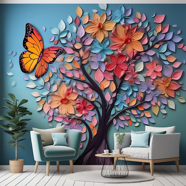 3D interieur wanddecoratie met veelkleurige bloemen en bladeren vlinders boven de boom