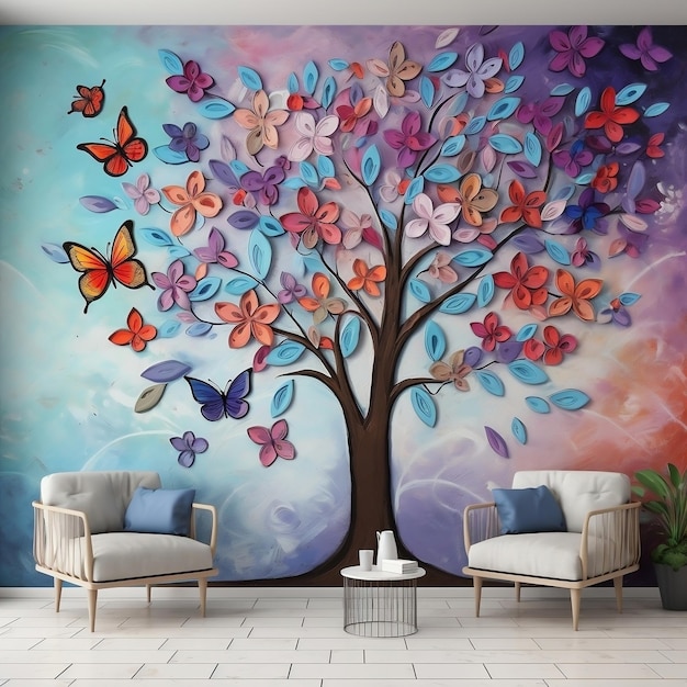 3D interieur wanddecoratie met veelkleurige bloemen en bladeren vlinders boven de boom