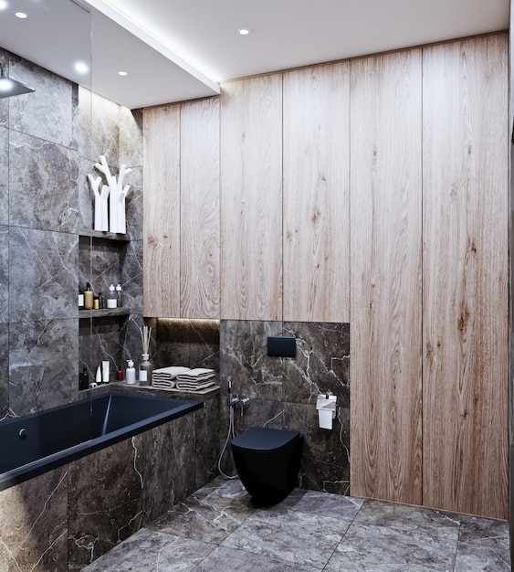 3D interieurontwerp van een moderne badkamer met marmer en hout
