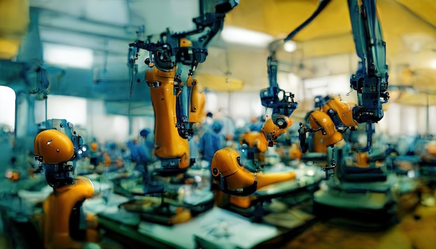 3d interior assembly line in a modern factory industrial robots robotic arms technology evolution in global production