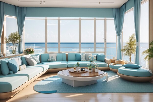 3d interior design with sea view