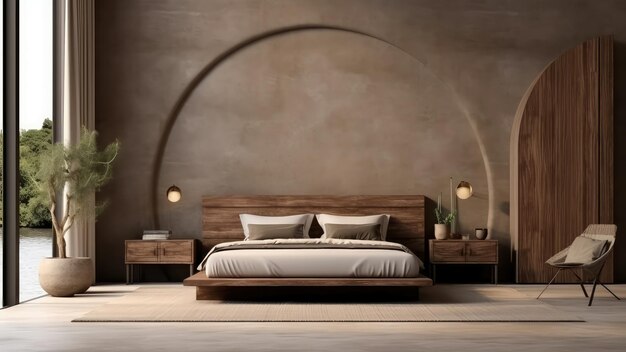 3D interior rendering of a bedroom with a wooden bed headboard