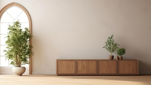 3D interior rendering of a potted plants on a builtin wooden storage cabinet in living room