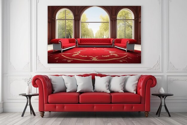 3d interior scene of a red couch on white classic wall