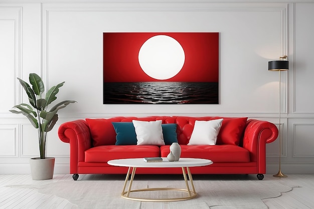 3d interior scene of a red couch on white classic wall