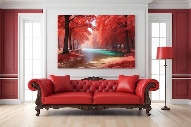 3D интерьерная сцена красного дивана на белой классической стене