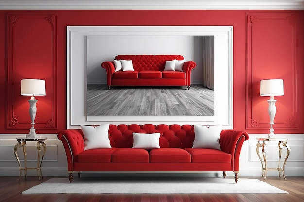 3d interior scene of a red couch on white classic wall