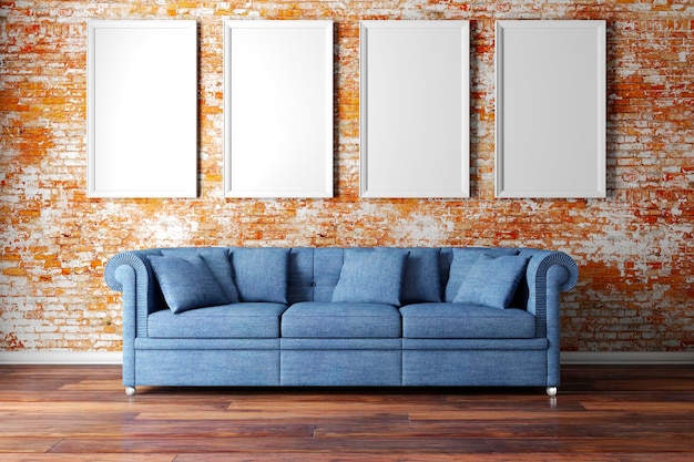 3d interior setup with couch and blank poster