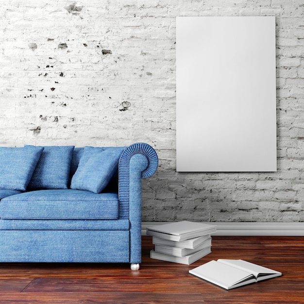 Configurazione interna 3d con divano e poster in bianco