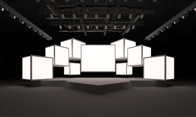 Scena interiore 3d evento led tv luce notte messa in scena render illustrazione