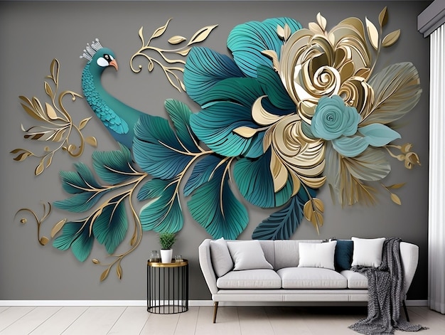 3d interior wall art decor with flowers and feathers peacock bird illustration background