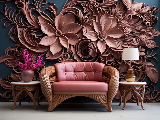 3D Interior wall art with chocolate color seamless floral pattern and flowers