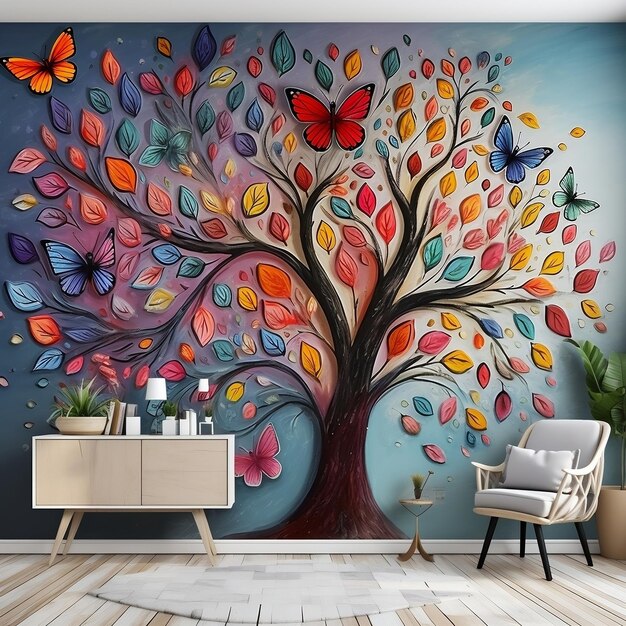 3D interior wall art with multicolor flowers and leaves butterflies above the tree Premium AI generated image