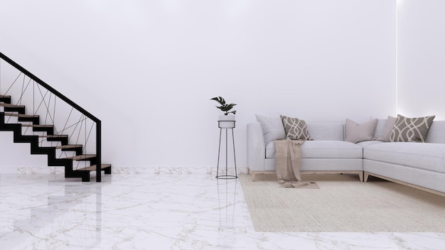 빈 흰색 벽 배경이 있는 거실에 흰색 소파와 식물이 있는 3d 내부 벽 모형