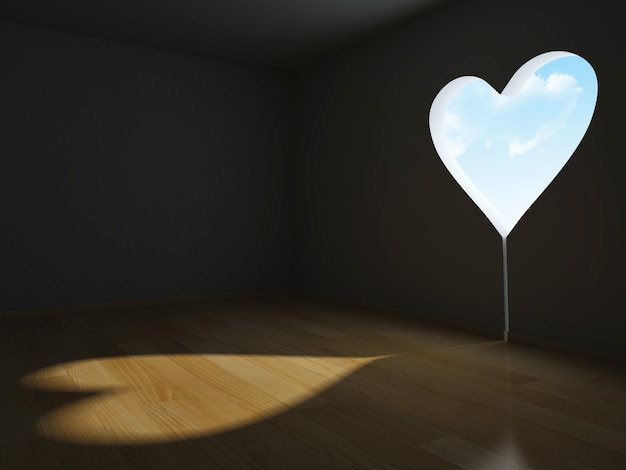  3d interior with a heart-shaped window, wooden floor