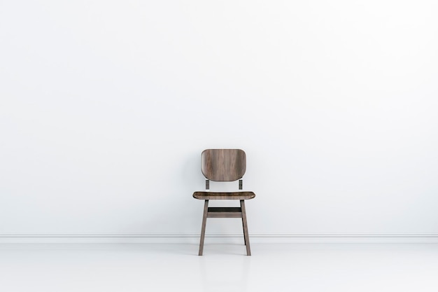 3d interior with white wall and wooden chair