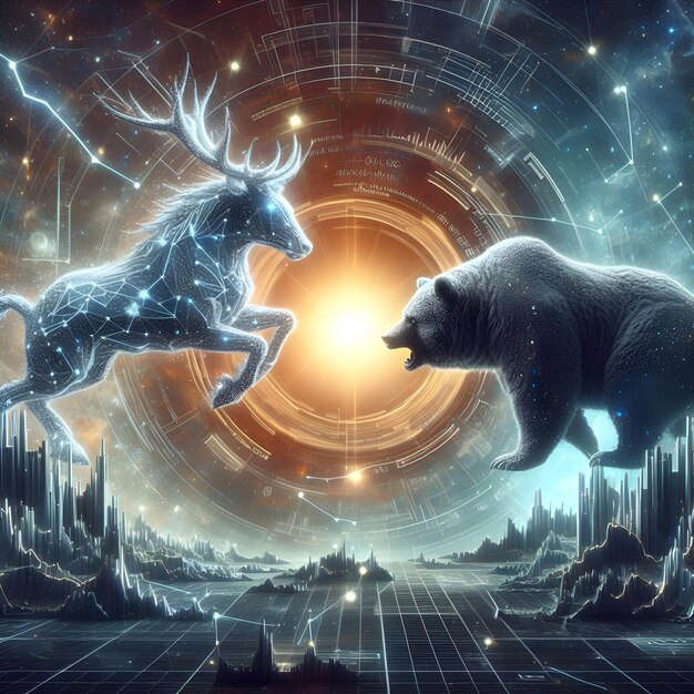 3d-investering Crytocurrency concept Bull vs Bear Een kosmische strijd tussen een bullish constellatie en