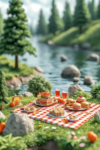 Photo a 3d invitation with a simple riverside picnic scene