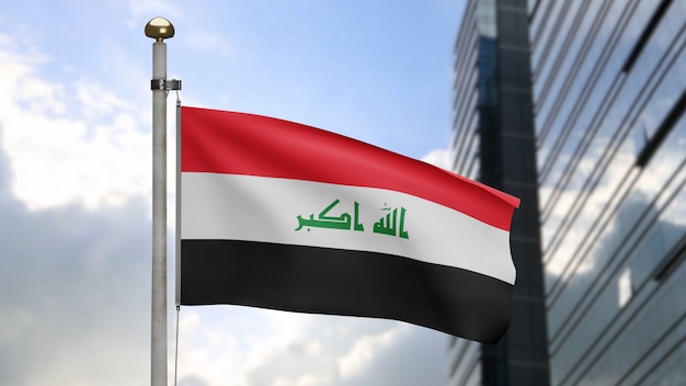 3d, iraakse vlag die op wind met moderne wolkenkrabberstad golven. irak banner waait gladde zijde. doek stof textuur vlag achtergrond. gebruik het voor het concept van nationale dag en landgelegenheden.