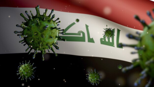 3D, Iraakse vlag die zwaait met een uitbraak van coronavirus die de luchtwegen infecteert als gevaarlijke griep. Influenza type Covid 19-virus met nationale Irak-banner die op de achtergrond blaast. Pandemisch risicoconcept