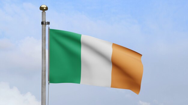 3D, Ireland flag waving on wind with blue sky and clouds. Irish banner blowing, soft and smooth silk. Cloth fabric texture ensign background. Use it for national day and country occasions concept.