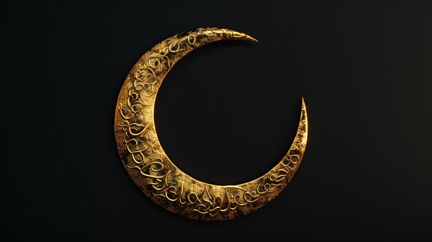 3d islamic gold crescent moon isolated on black background