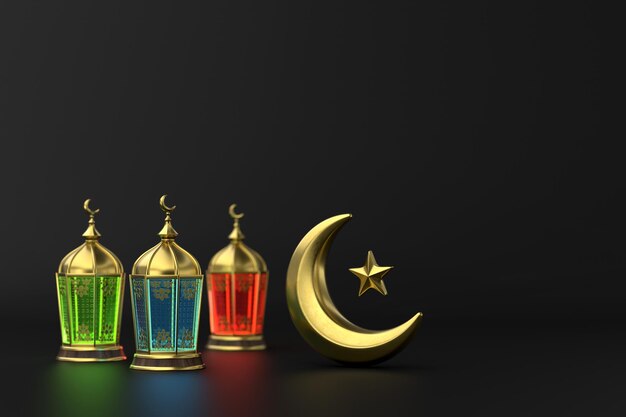 Photo 3d islamic greetings ramadan kareem card design template background with beautiful lanterns