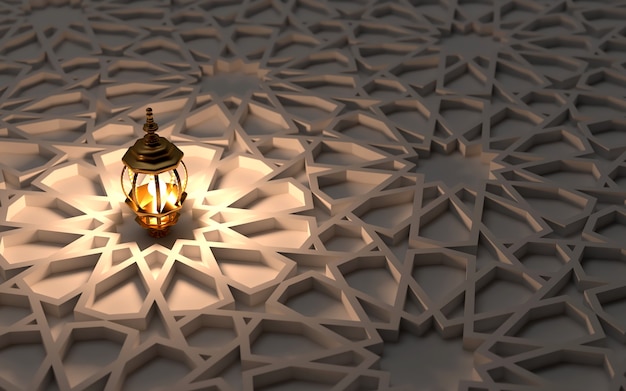 3d islamic night scene with lantern light on ornament decoration background