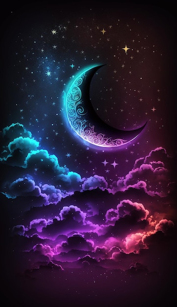 Photo 3d islamic pattern and moon stars and cloud illustratrions purple glowing effects ai