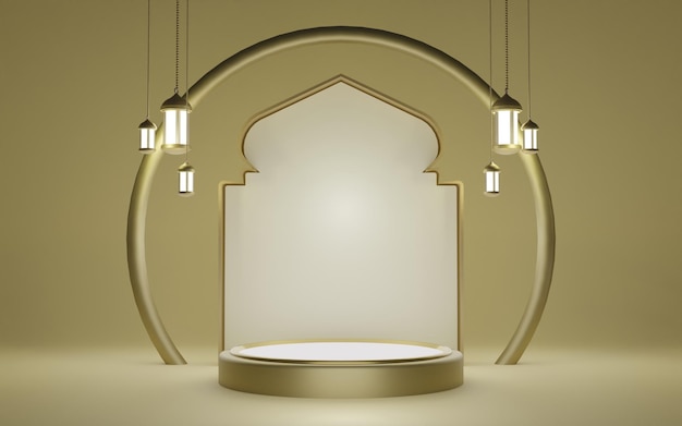 Photo 3d islamic podium background. for product promotion at muslim religious events.