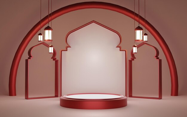 Photo 3d islamic podium background. for product promotion at muslim religious events.