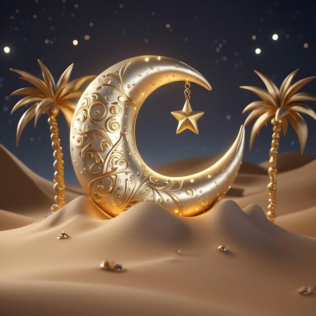 3d islamic ramadan golden crescent moon