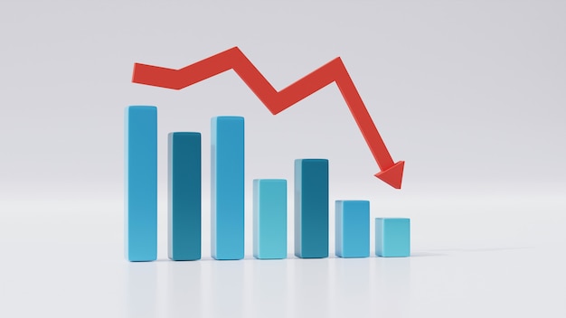 3d isolated bar chart decrease with reflection business growth\
or stock fall with red downtrend arrow, statistics forecast,\
financial profit